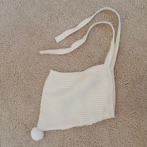 White Knit Baby Hat w/ Ties & Pom Pom on Top | 6M/9M